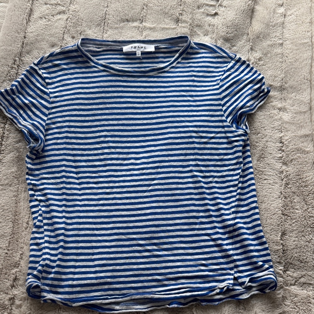 Frame Denim Blue and White Striped Short Sleeve Tee